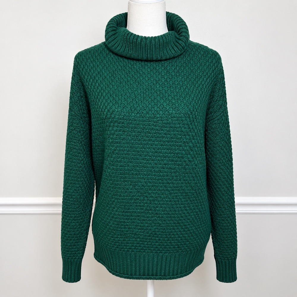 Emerald Green Chunky Popcorn Knit Oversized Cozy Turtleneck Sweater Women Large